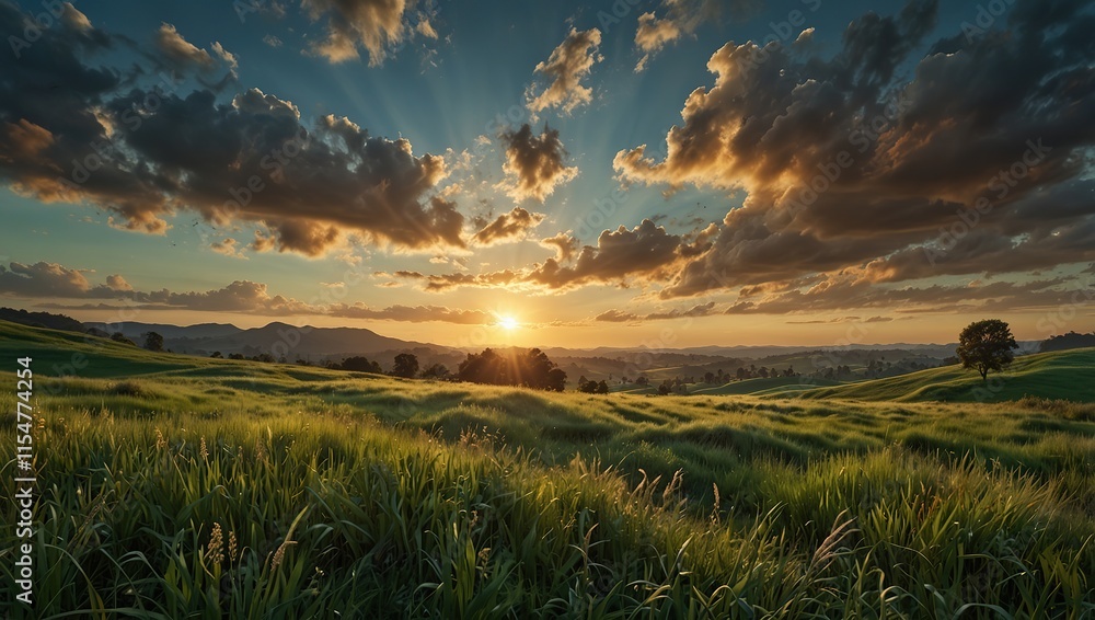 Stunning Landscape View of a Sunset Casting Rays Through Clouds Over Lush Green Fields and Hills Stunning Landscape View of a Sunset Casting Rays Through Clouds Over Lush Green Fields and Hills