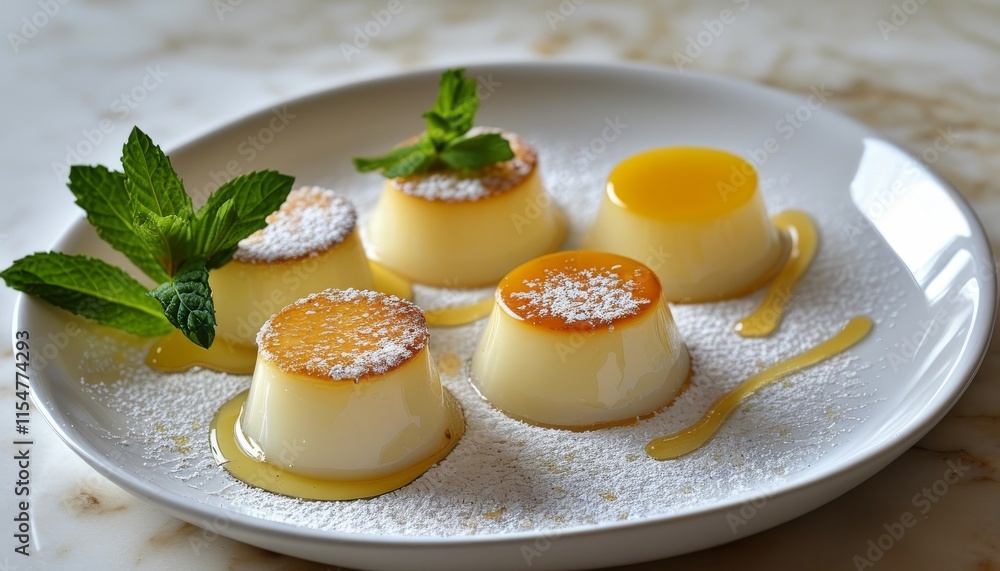 Exquisite Coconut Quindim Dessert Presentation with Mint Garnish and Sweet Drizzle