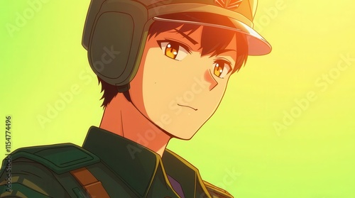 Anime-style depiction of a young soldier with a helmet, showcasing determination, great for animation projects photo