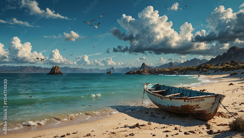 A Scenic Landscape of a Dilapidated Boat Resting on a Tranquil Beach, Framed by Lush Waters and Rocky Outcrops A Scenic Landscape of a Dilapidated Boat Resting on a Tranquil Beach, Framed by Lush Waters and Rocky Outcrops