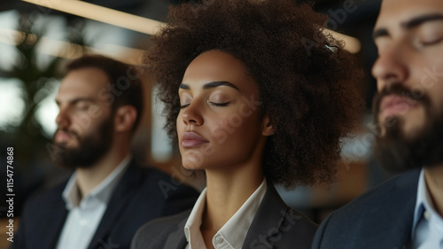 Meditation at work featuring employees seated in chairs, eyes closed, practicing mindful breathing to manage workplace stress
