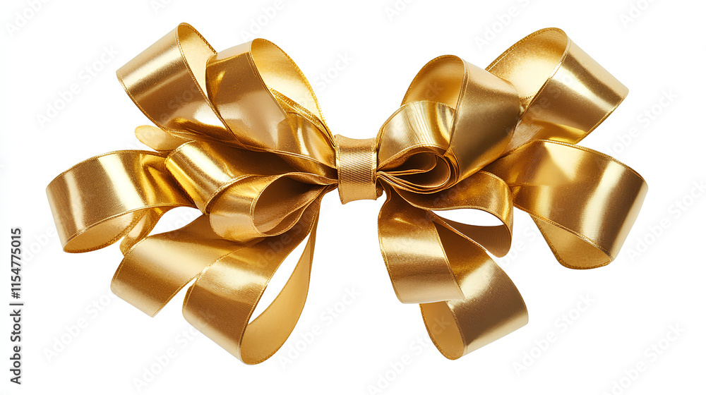 Beautiful golden ribbon bow, perfect for gift wrapping and decoration. Isolated on white background