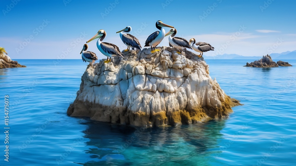 A breathtaking view of a pelican colony nesting on a rugged rocky island surrounded by the pristine turquoise waters of a tropical paradise A breathtaking view of a pelican colony nesting on a rugged rocky island surrounded by the pristine turquoise waters of a tropical paradise