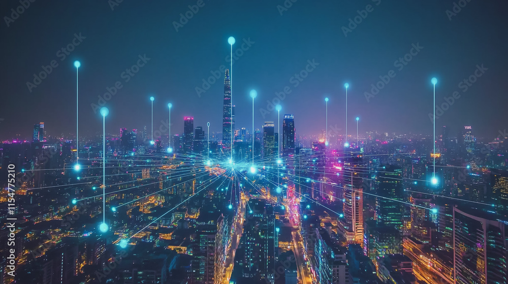 Fototapeta premium Smart digital Innovation city with connection network reciprocity over the cityscape. of future smart wireless city and social media networking systems that connects business people with in city