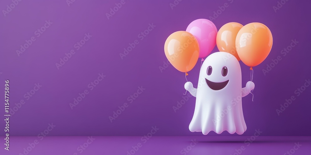 Halloween ghost, cute smiling character, holding orange and white balloons, purple background, studio lighting, 3D render, playful design, minimalist, festive decoration, soft textures, whimsical, che Halloween ghost, cute smiling character, holding orange and white balloons, purple background, studio lighting, 3D render, playful design, minimalist, festive decoration, soft textures, whimsical, che