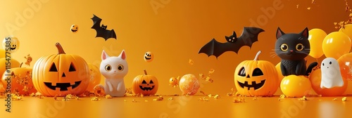 Halloween decorations, Jack-o'-lantern pumpkins, cute white ghost, black paper bats, candy corn, orange background, festive autumn scene, spooky cute, miniature halloween display, carved pumpkins, hol photo