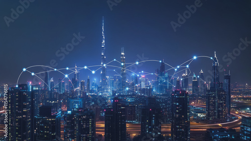 Wallpaper Mural Smart digital Innovation city with connection network reciprocity over the cityscape. of future smart wireless city and social media networking systems that connects business people with in city Torontodigital.ca