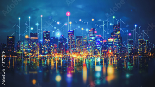 Wallpaper Mural Smart digital Innovation city with connection network reciprocity over the cityscape. of future smart wireless city and social media networking systems that connects business people with in city Torontodigital.ca