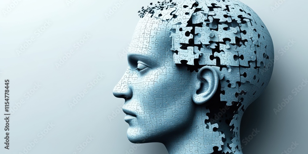 Surreal profile portrait, human head made of intricate puzzle pieces, monochromatic blue tones, fragmenting mind concept, digital art, hyperrealistic render, thought visualization, cognitive psycholog Surreal profile portrait, human head made of intricate puzzle pieces, monochromatic blue tones, fragmenting mind concept, digital art, hyperrealistic render, thought visualization, cognitive psycholog