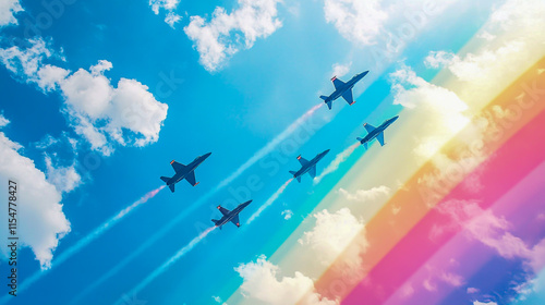 A group of fighter jet flying in the blue sky drawing rainbow adressing soliderity. photo