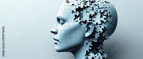 Surreal profile portrait, human head made of intricate puzzle pieces, monochromatic blue tones, fragmenting mind concept, digital art, hyperrealistic render, thought visualization, cognitive psycholog photo