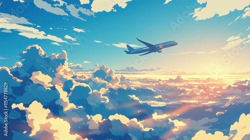 Illustration of a view Airplane flying above the clouds at sunset. anime style