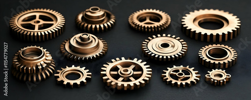 Detailed Golden Gears Arrangement Photo: Precise Mechanical Components, Industrial Engineering, Cogwheel Precision, Metallic Texture, Dark Background photo