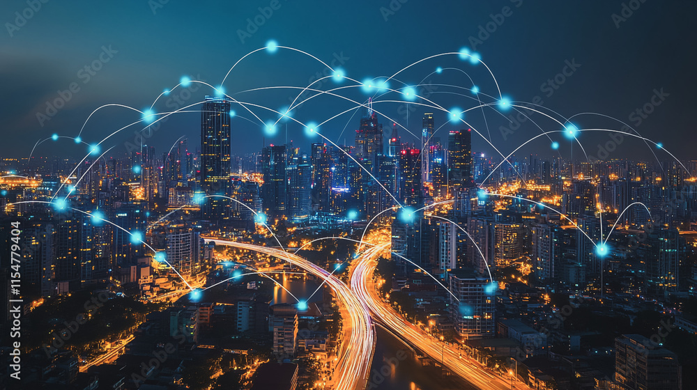 Obraz premium Smart digital Innovation city with connection network reciprocity over the cityscape. of future smart wireless city and social media networking systems that connects business people with in city