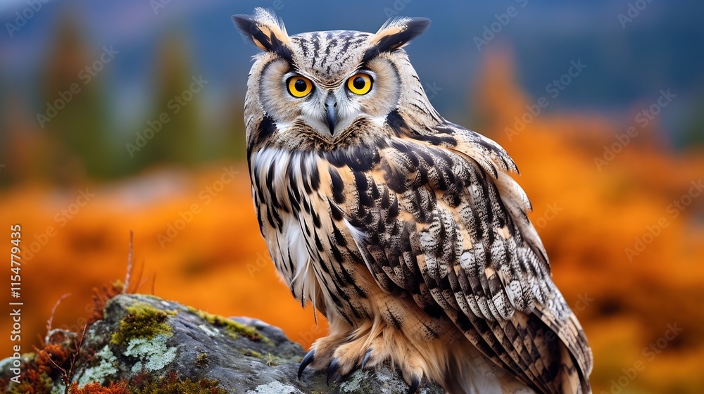 Captivating Image of a Majestic Eagle Owl Perched on a Rugged Rock Formation Its Piercing Orange Eyes Commanding Attention Captivating Image of a Majestic Eagle Owl Perched on a Rugged Rock Formation Its Piercing Orange Eyes Commanding Attention
