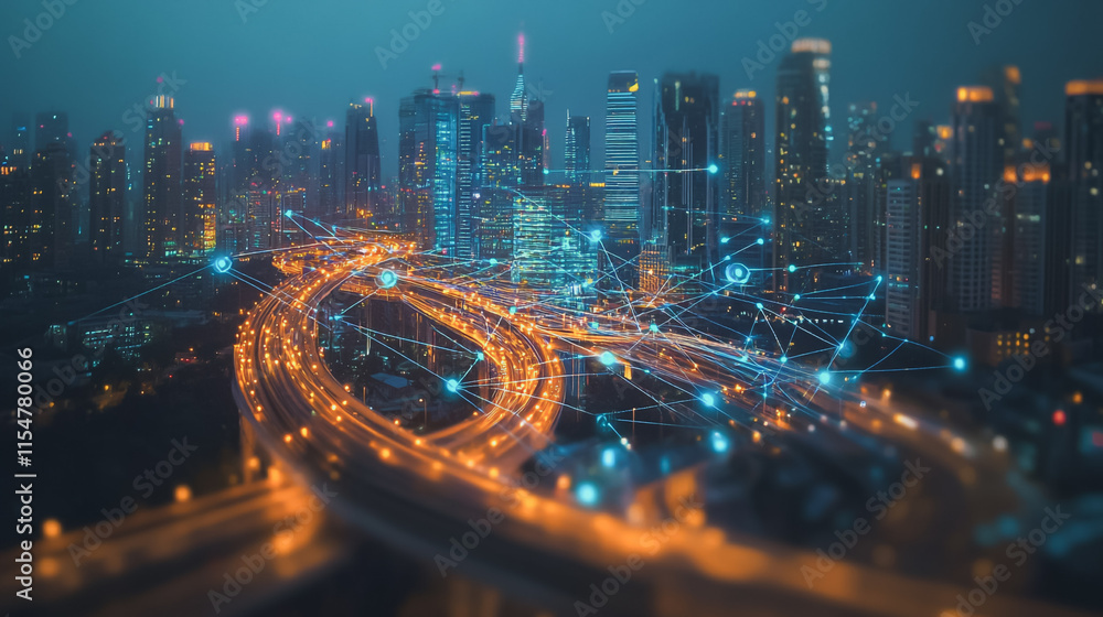 Fototapeta premium Smart digital Innovation city with connection network reciprocity over the cityscape. of future smart wireless city and social media networking systems that connects business people with in city
