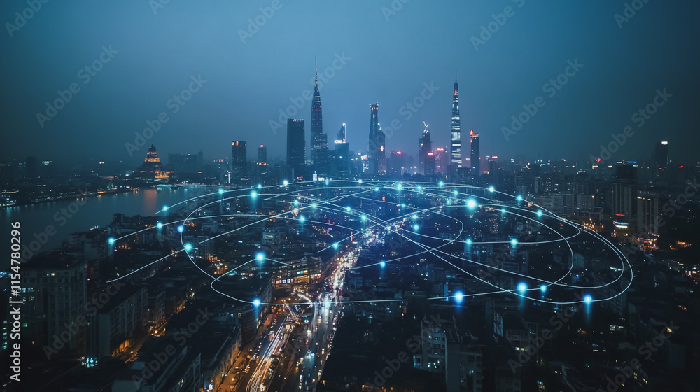 Naklejka premium Smart digital Innovation city with connection network reciprocity over the cityscape. of future smart wireless city and social media networking systems that connects business people with in city