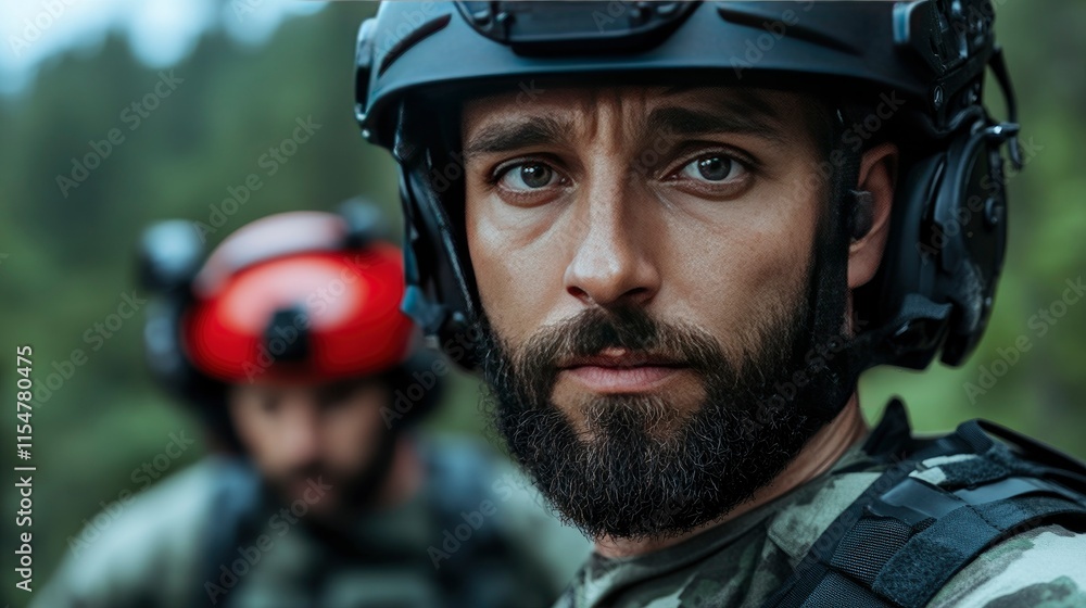 Close-up Portrait of a Focused Soldier in Combat Gear Close-up Portrait of a Focused Soldier in Combat Gear