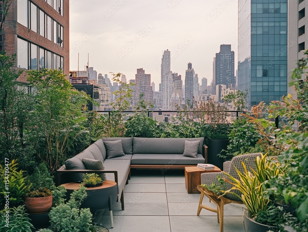 Fototapeta premium A serene rooftop terrace with greenery and city skyline views, ideal for relaxation.