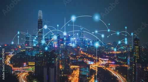 Wallpaper Mural Smart digital Innovation city with connection network reciprocity over the cityscape. of future smart wireless city and social media networking systems that connects business people with in city Torontodigital.ca