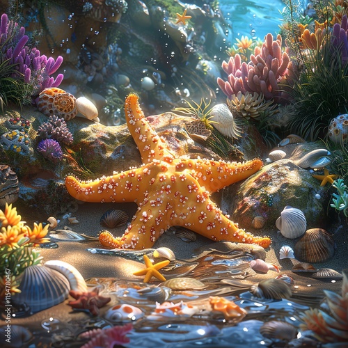Orange starfish on seabed with coral.