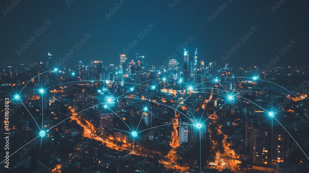 Smart digital Innovation city with connection network reciprocity over the cityscape. of future smart wireless city and social media networking systems that connects business people with in city Smart digital Innovation city with connection network reciprocity over the cityscape. of future smart wireless city and social media networking systems that connects business people with in city