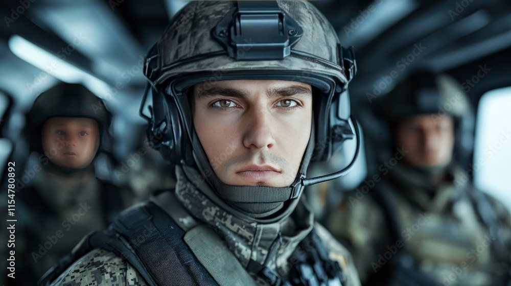 Close-up Portrait of a Determined Soldier in Combat Gear Close-up Portrait of a Determined Soldier in Combat Gear