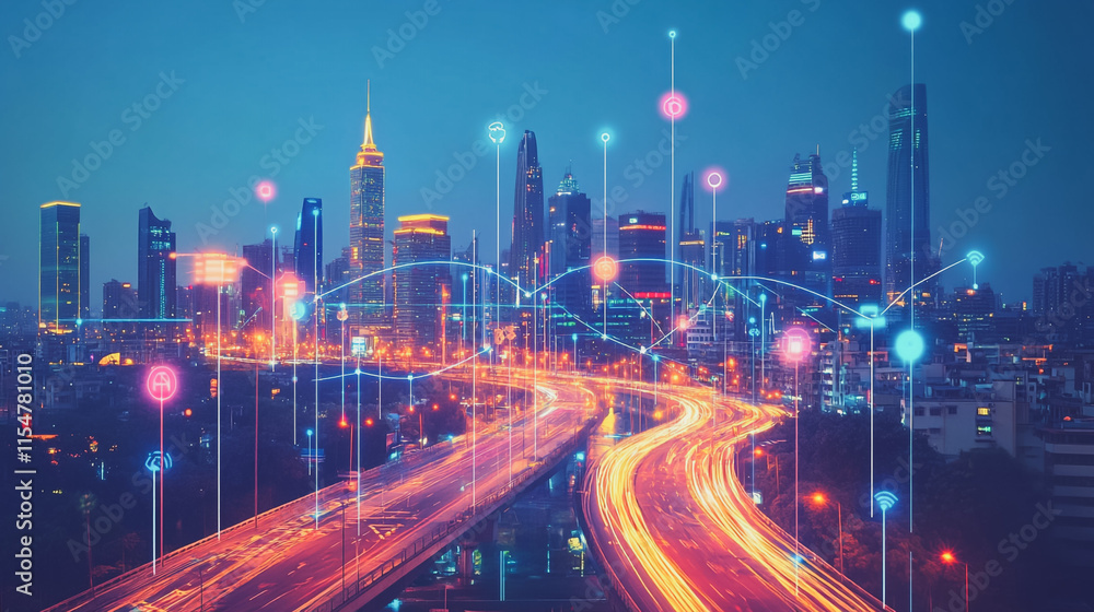 Smart digital Innovation city with connection network reciprocity over the cityscape. of future smart wireless city and social media networking systems that connects business people with in city Smart digital Innovation city with connection network reciprocity over the cityscape. of future smart wireless city and social media networking systems that connects business people with in city