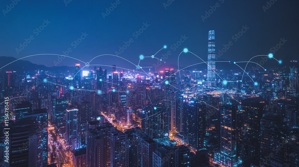 Fototapeta premium Smart digital Innovation city with connection network reciprocity over the cityscape. of future smart wireless city and social media networking systems that connects business people with in city