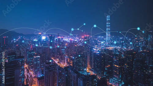 Wallpaper Mural Smart digital Innovation city with connection network reciprocity over the cityscape. of future smart wireless city and social media networking systems that connects business people with in city Torontodigital.ca