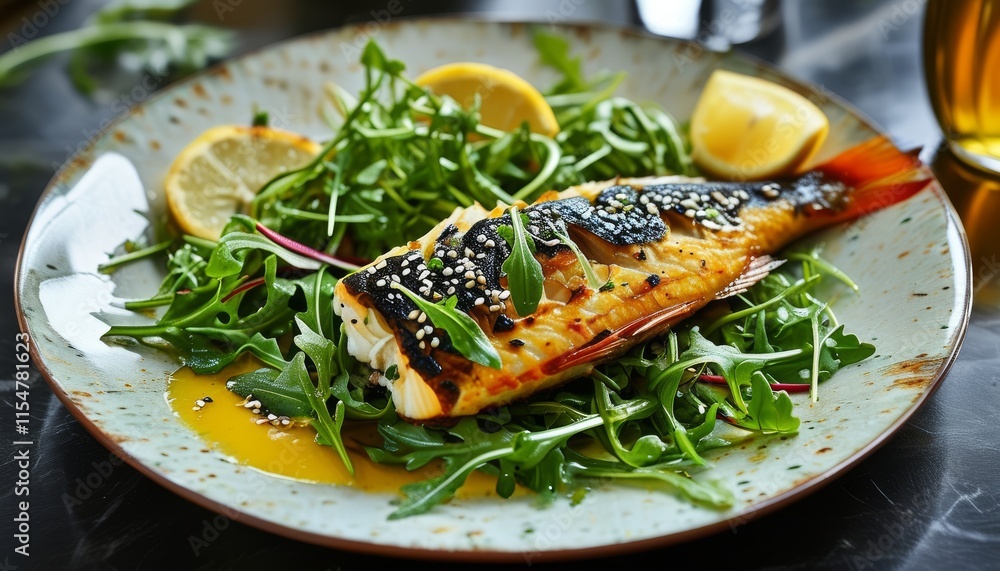 Grilled Sea Bass Platter on a Bed of Fresh Greens with Lemon Slices and Sesame Seeds Grilled Sea Bass Platter on a Bed of Fresh Greens with Lemon Slices and Sesame Seeds