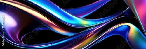 Abstract light trails, vibrant neon colors, glossy curved surfaces, dynamic motion blur, futuristic technology aesthetic, sleek metallic reflections, high contrast, black background, ultrawide panoram