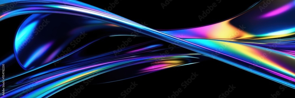 Naklejka premium Abstract light trails, vibrant neon colors, glossy curved surfaces, dynamic motion blur, futuristic technology aesthetic, sleek metallic reflections, high contrast, black background, ultrawide panoram