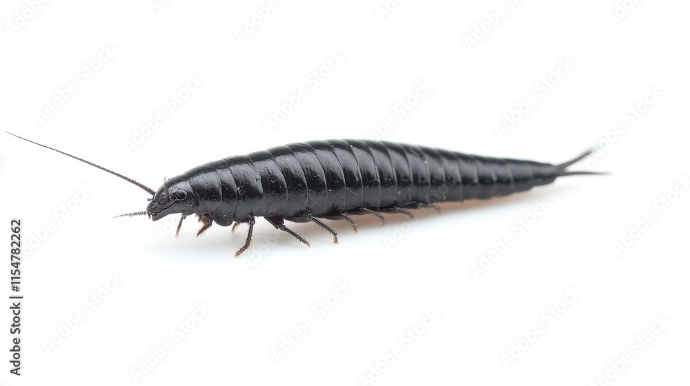 Close-up of a black, segmented insect on a white background. Close-up of a black, segmented insect on a white background.