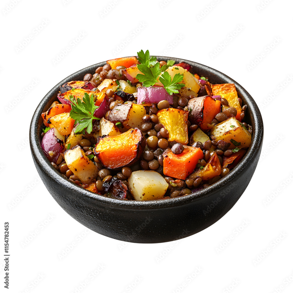 Delicious Lentil salad with roasted root vegetables Isolated On Transparent Background Delicious Lentil salad with roasted root vegetables Isolated On Transparent Background