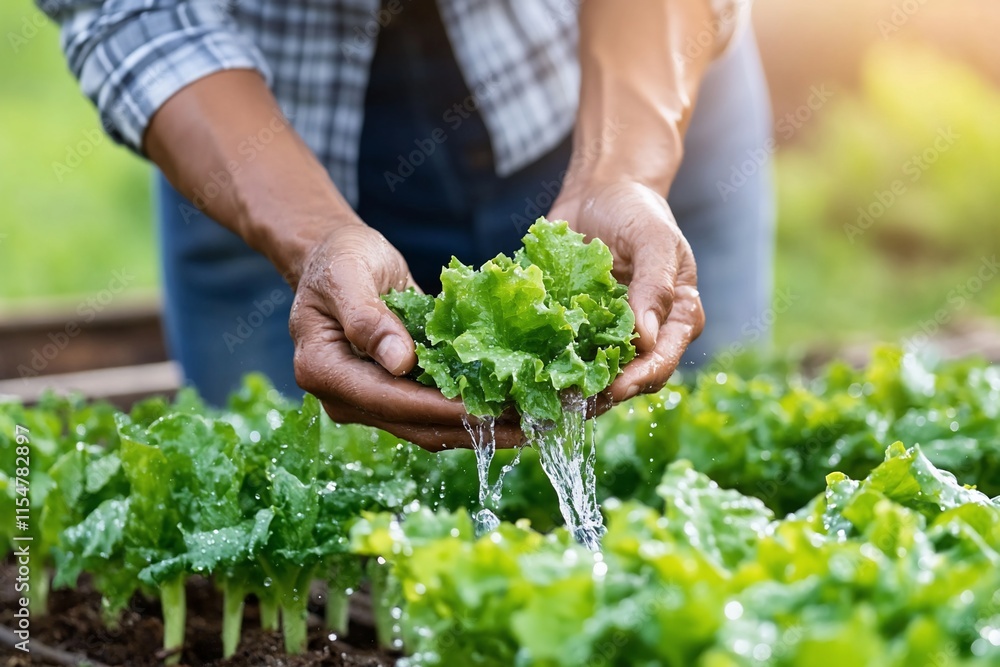 Farmer's hands washing fresh lettuce in garden. Farmer's hands washing fresh lettuce in garden.