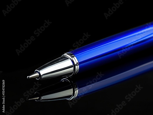 Close-up of a blue metallic pen with chrome accents on a reflective black surface. photo