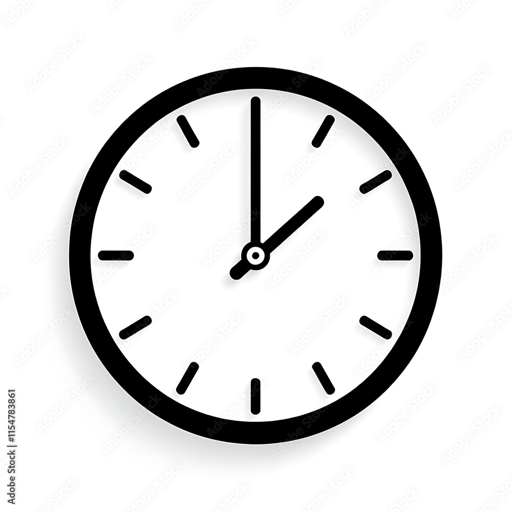 A flat, circular clock icon in black and white, symbolizing time, on a white background.
A flat, circular clock icon in black and white, symbolizing time, on a white background.
