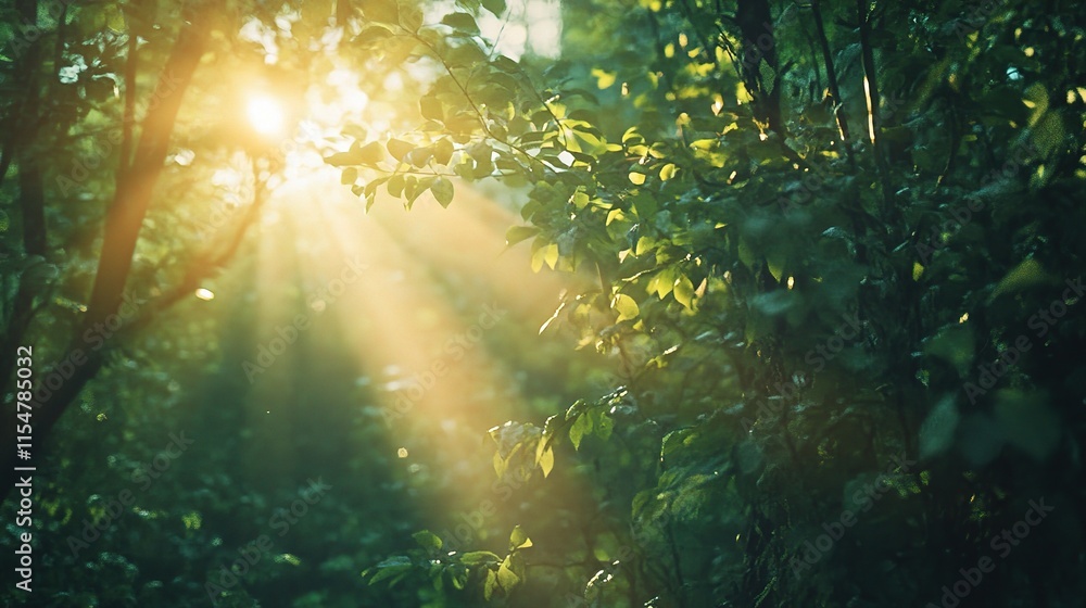 Naklejka premium Beautiful Spring Forest with Bright Sun Rays and Lush Greenery