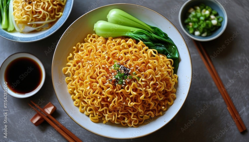 Upscale Stir Fried Noodles with Fresh Greens and Sauces in Elegant Dining Setting Upscale Stir Fried Noodles with Fresh Greens and Sauces in Elegant Dining Setting