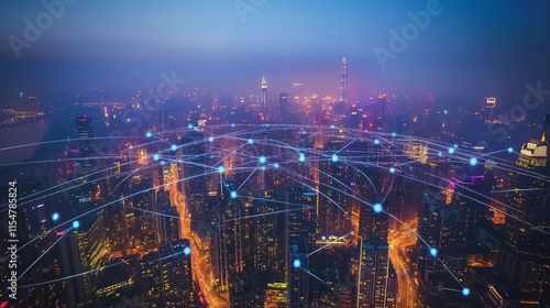 Wallpaper Mural Smart digital Innovation city with connection network reciprocity over the cityscape. of future smart wireless city and social media networking systems that connects business people with in city Torontodigital.ca