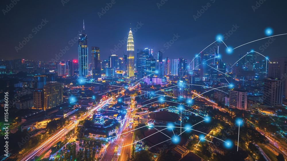 Fototapeta premium Smart digital Innovation city with connection network reciprocity over the cityscape. of future smart wireless city and social media networking systems that connects business people with in city