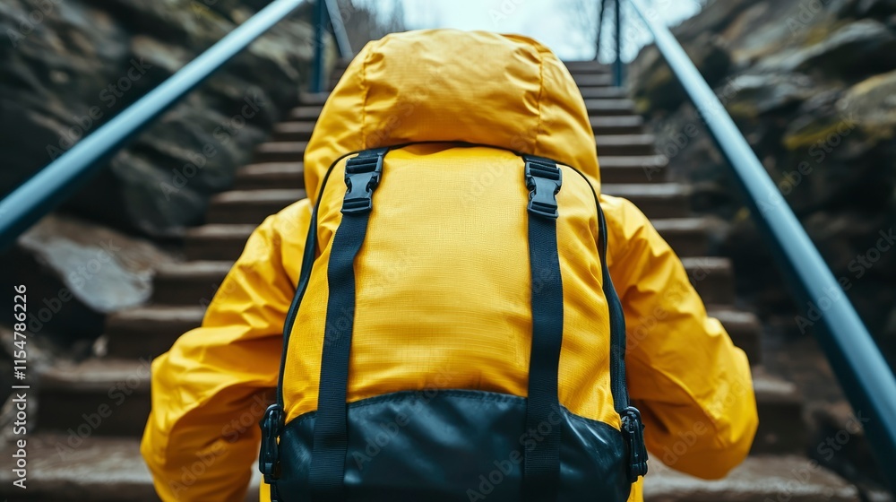 Person with Yellow Backpack Ascending Stone Steps Person with Yellow Backpack Ascending Stone Steps