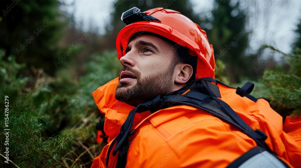 Rescued Man in Forest, Looking Upwards, Hopeful Expression Rescued Man in Forest, Looking Upwards, Hopeful Expression