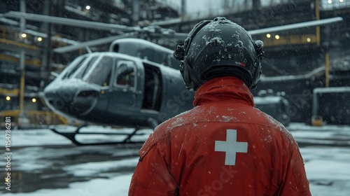 Paramedic in Red Uniform with Snow-Covered Helicopter in Background photo