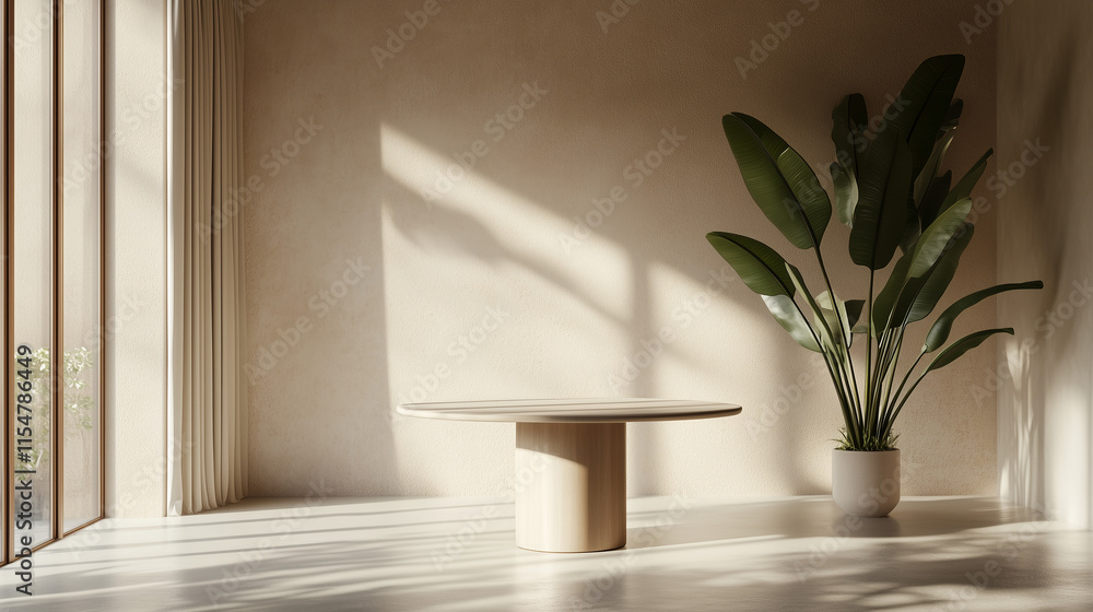 Clean and serene minimalist dining room featuring a round table beige walls large plant and textured plaster Clean and serene minimalist dining room featuring a round table beige walls large plant and textured plaster