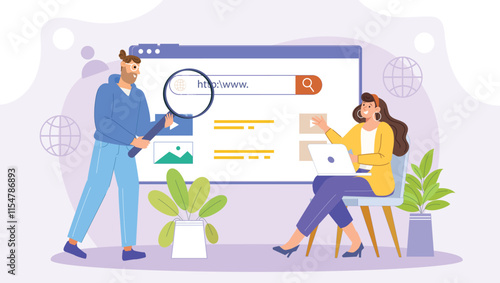A creative portrayal of a search bar, magnifying glass, and web elements with clean and modern visuals.