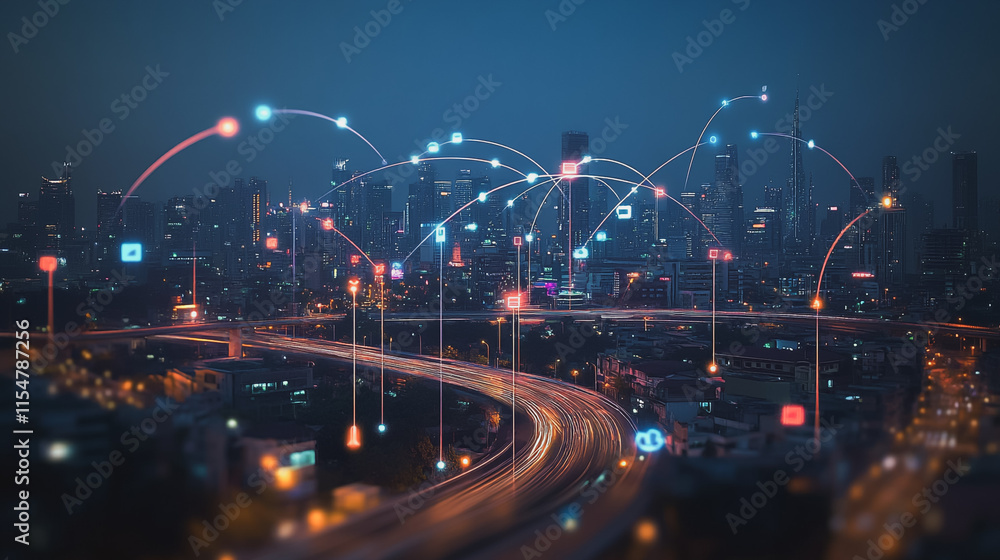 Smart digital Innovation city with connection network reciprocity over the cityscape. of future smart wireless city and social media networking systems that connects business people with in city Smart digital Innovation city with connection network reciprocity over the cityscape. of future smart wireless city and social media networking systems that connects business people with in city