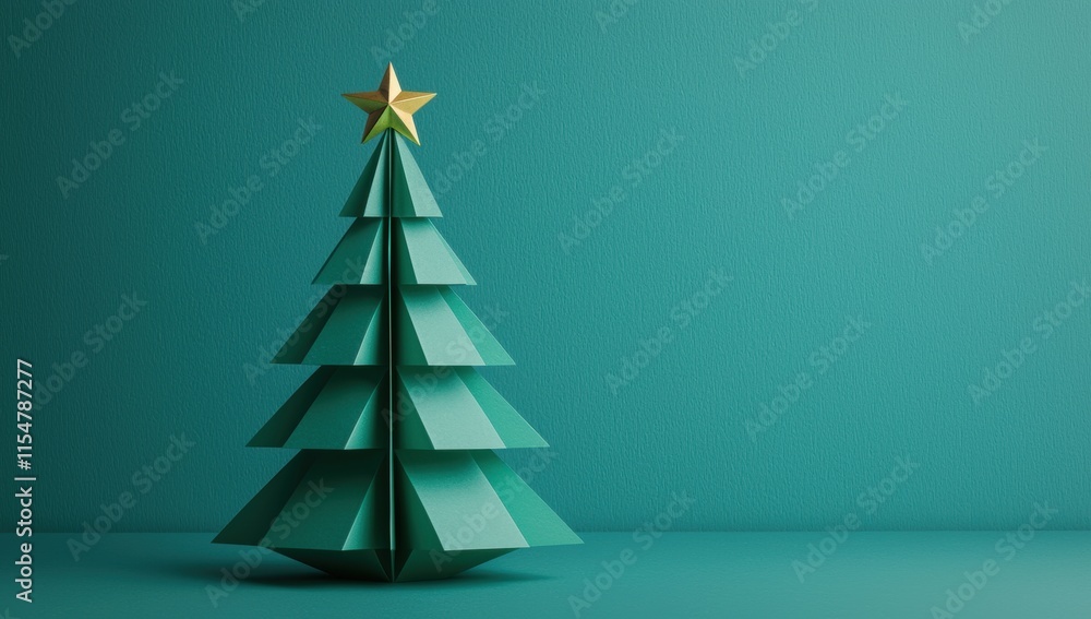 Colorful Paper Christmas Tree with Star on a Blue Background Colorful Paper Christmas Tree with Star on a Blue Background