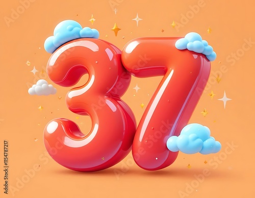 Red Number Thirty Seven Balloon Style Clouds Stars Background photo